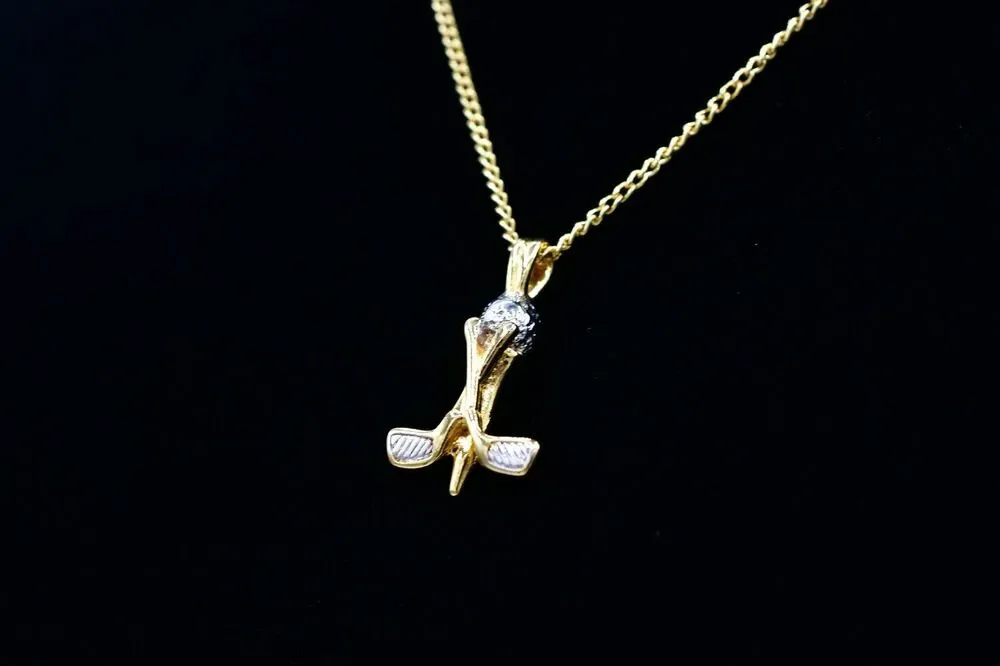 Navika Pendant Necklace Golf Clubs Gold Tone Chain Vintage Elegant Signed BinM